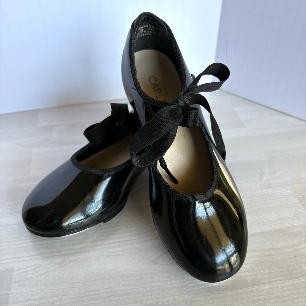 Capezio TeleTone Tap Shoes‎ Black Patent Lace Up Size Youth 13.5 M EUC